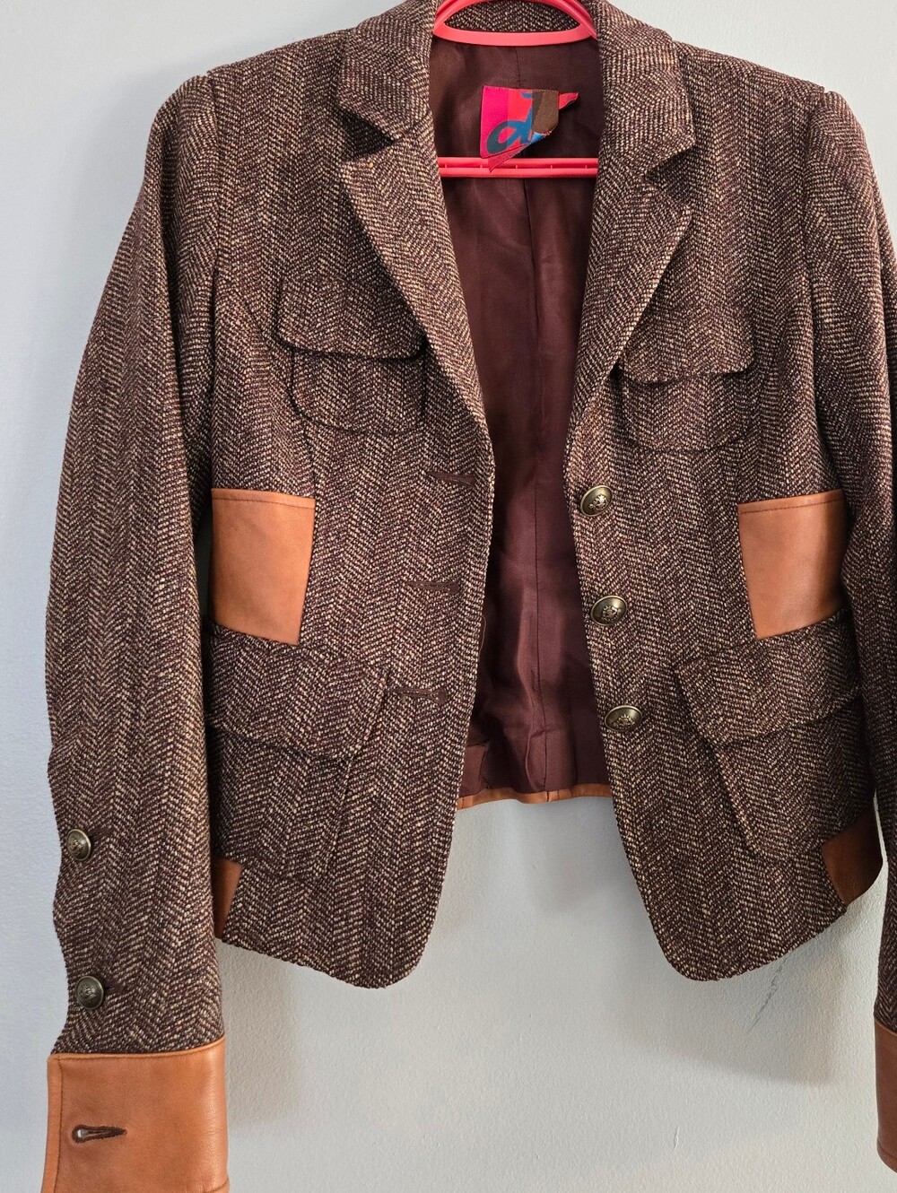 Vtg D-line Brown Herringbone Wool Blend Blazer & Lamb Skin Size 2 Made In Canada